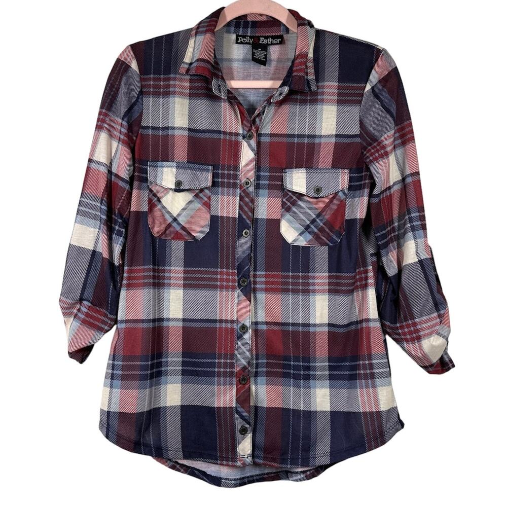 POLLY & ESTHER Blue Red Plaid Long Sleeve Button Down Shirt Medium